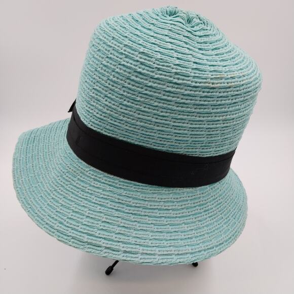 Rike's Light Blue Teal Woven Paper Straw Summer Hat with Black Ribbon Bow Accent - Picture 4 of 10